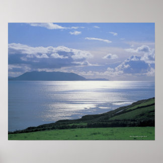 view of a grassy slope by the sea poster