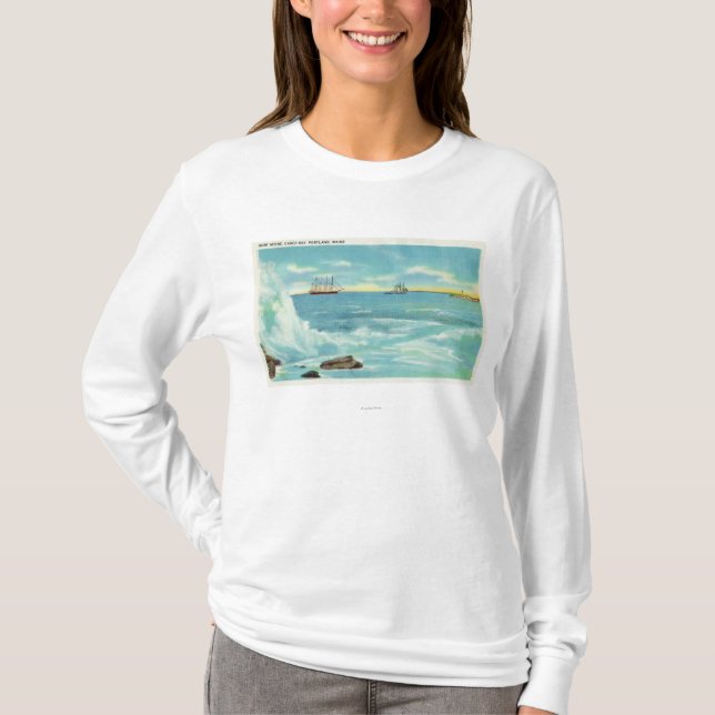 View of a Surf Scene, Ships on Casco Bay T-Shirt (Front)