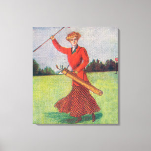 View of a Woman in Red Golfing Canvas Print