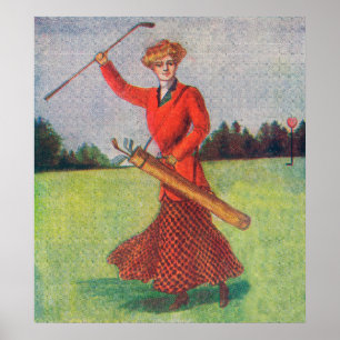 View of a Woman in Red Golfing Poster