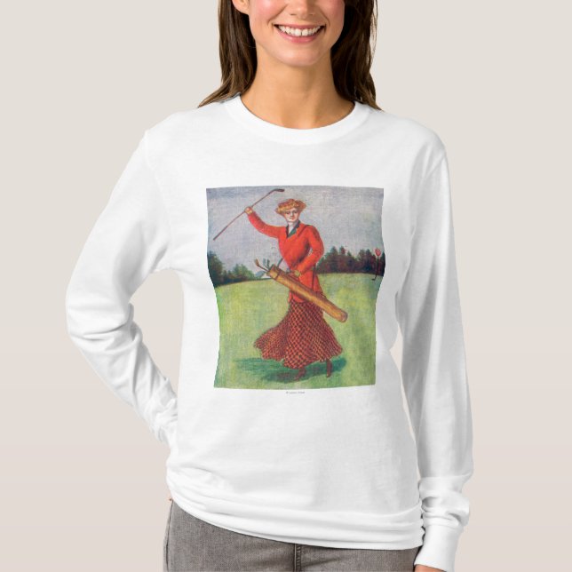 View of a Woman in Red Golfing T-Shirt (Front)