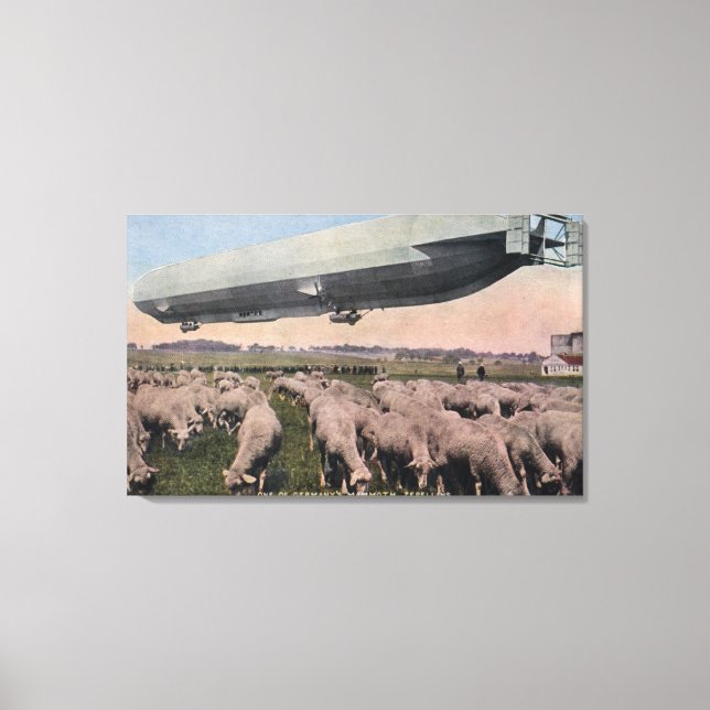 View of a Zeppelin Blimp over Grazing Sheep Canvas Print (Front)