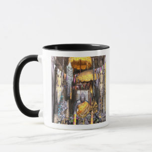 View of altar area inside Buddhist temple, Mug