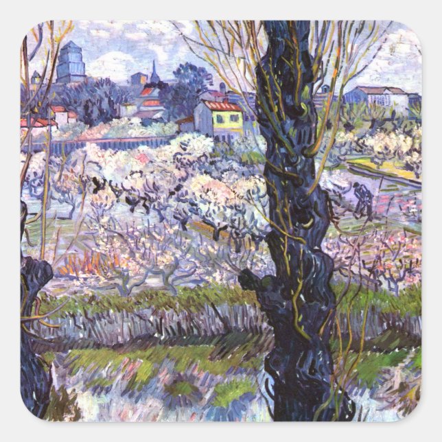 View of Arles, Flowering Orchards (1889) Van Gogh Square Sticker (Front)