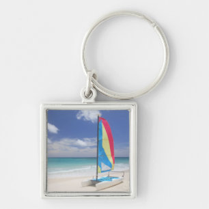 View Of Beach With Sailboat Key Ring