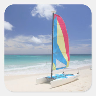 View Of Beach With Sailboat Square Sticker