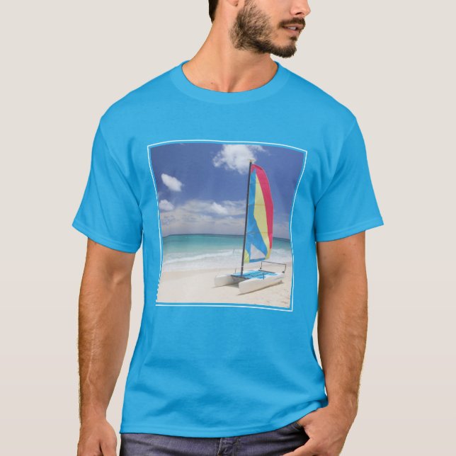 View Of Beach With Sailboat T-Shirt (Front)