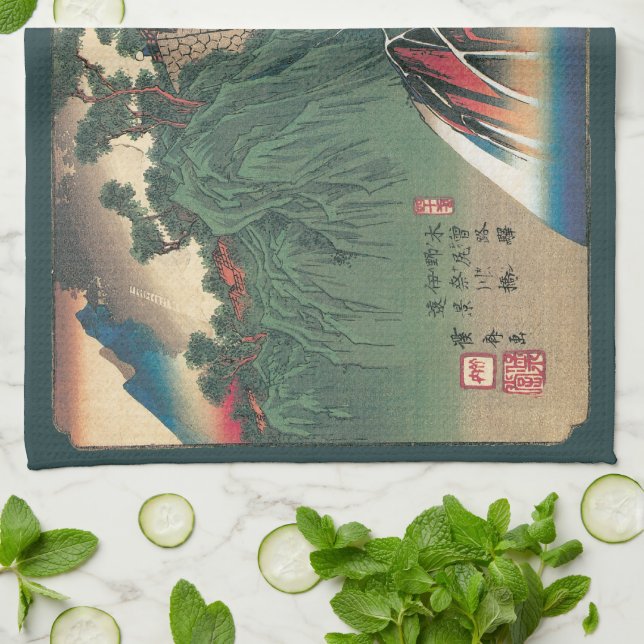 View of Bridge Over Ina River, Nojiri by Hiroshige Tea Towel (Folded)