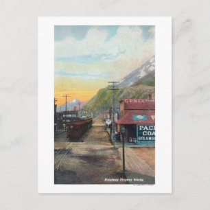 View of Broadway & Railroad CarsSkagway, AK Postcard