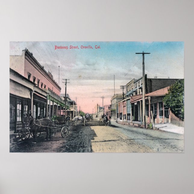 View of Business Section with Horse Carriages Poster (Front)