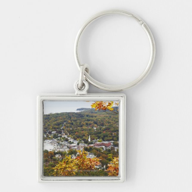 View of Camden Hills State through Fall Trees Key Ring (Front)