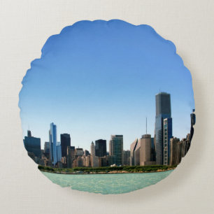 View of Chicago skyline by Lake Michigan Round Cushion