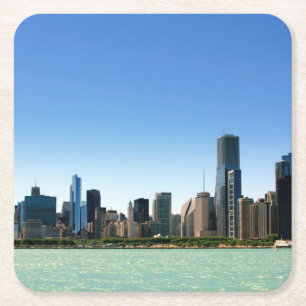 View of Chicago skyline by Lake Michigan Square Paper Coaster