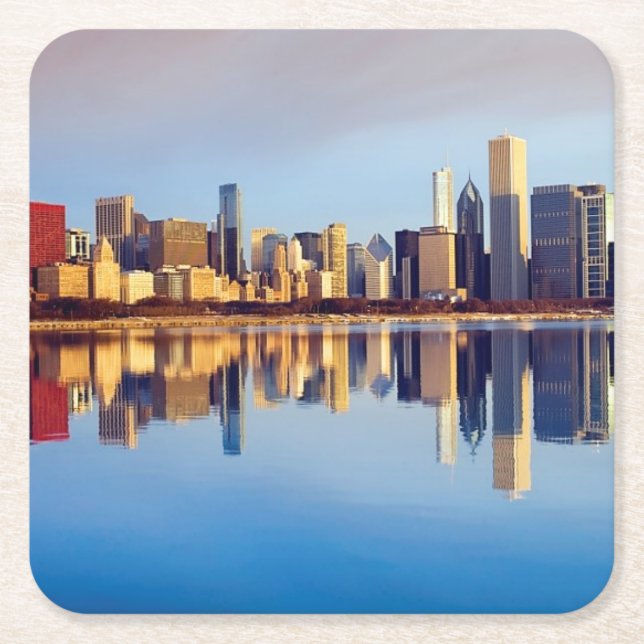 View of Chicago skyline with reflection Square Paper Coaster (Front)