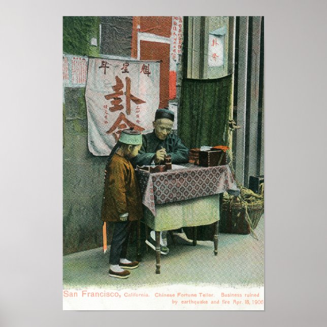 View of Chinese Fortune Teller at Desk Poster (Front)