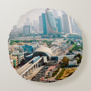 View of city metro line and skyscrapers round cushion