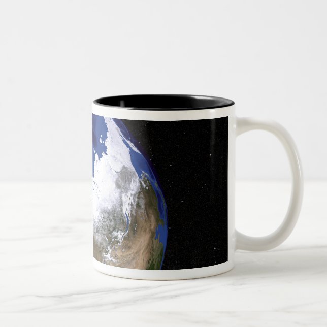 View of Earth showing the Arctic region Two-Tone Coffee Mug (Right)