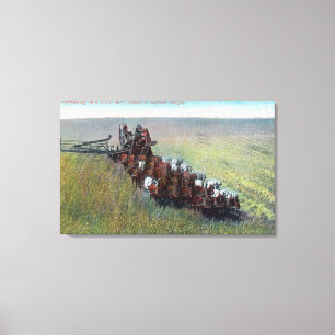 View of Farmers Harvesting with Huge Horse Canvas Print