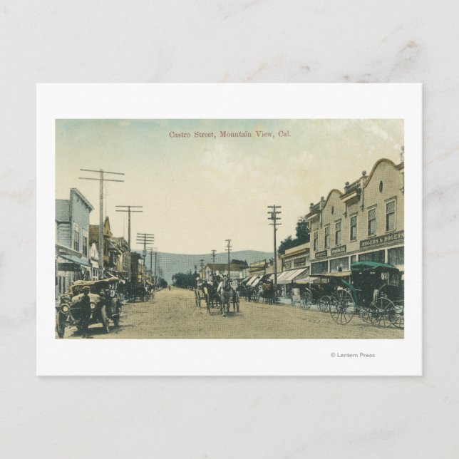 View of Horse Carriages on Castro Street Postcard (Front)