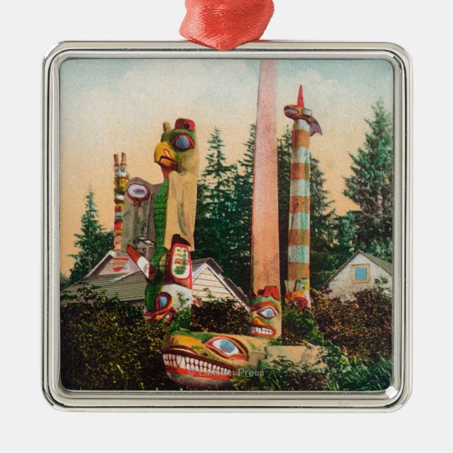 View of Indian Graves and Totempoles Metal Tree Decoration (Front)