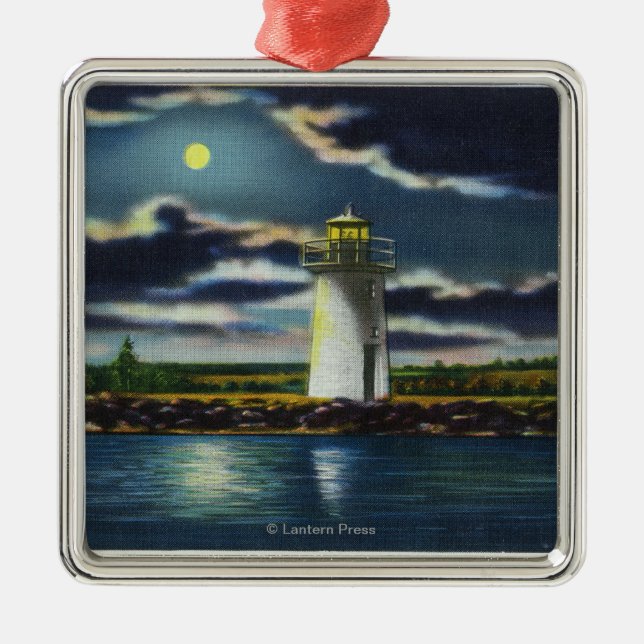 View of Lake Cobbosseecontee Lighthouse at Night Metal Tree Decoration (Front)