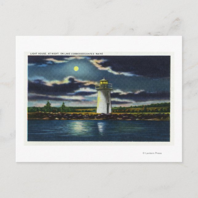 View of Lake Cobbosseecontee Lighthouse at Night Postcard (Front)
