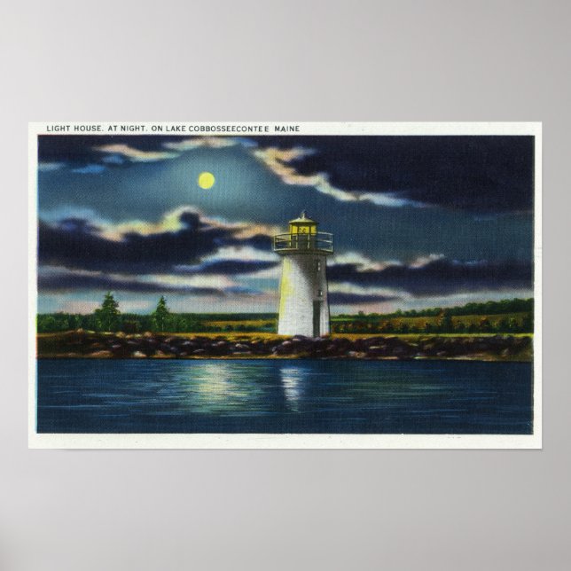 View of Lake Cobbosseecontee Lighthouse at Night Poster (Front)