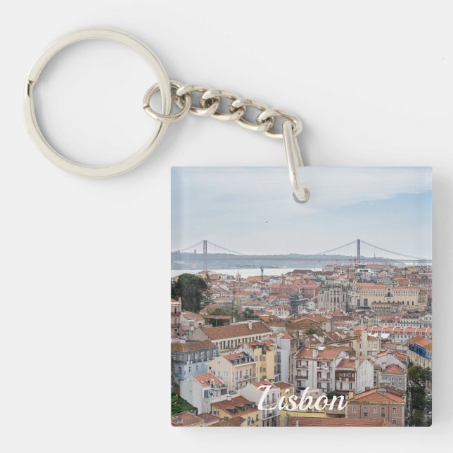 View of Lisbon old town and 25th of April Bridge Key Ring (Front)