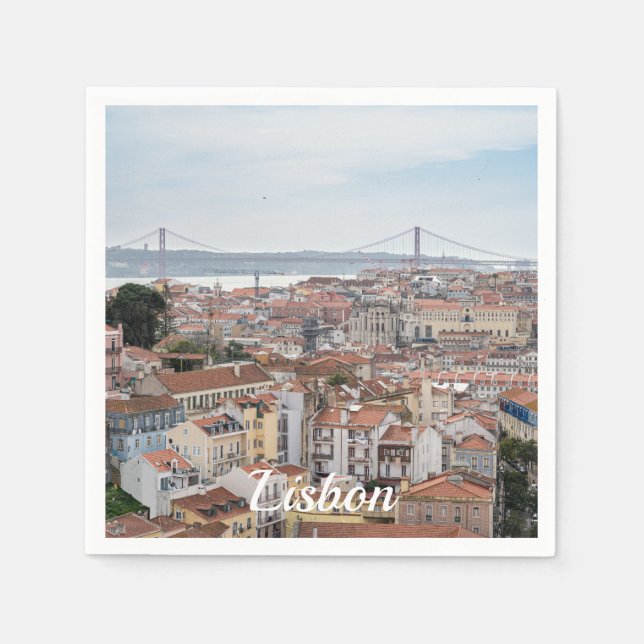 View of Lisbon old town and 25th of April Bridge Napkin (Front)