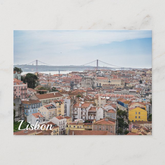 View of Lisbon old town and 25th of April Bridge Postcard (Front)