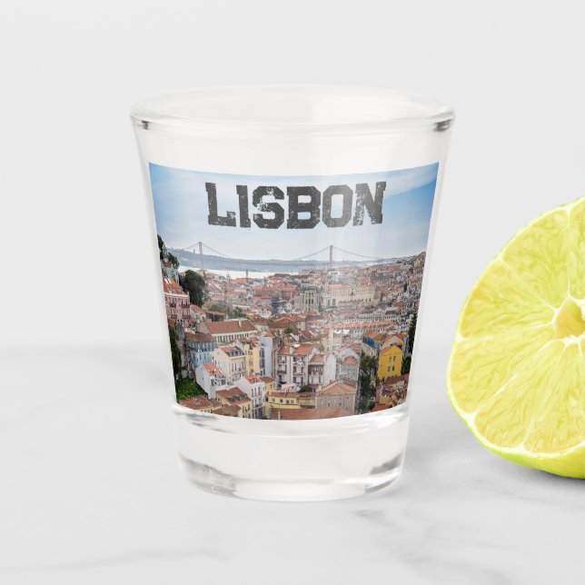 View of Lisbon old town and 25th of April Bridge Shot Glass (Front)