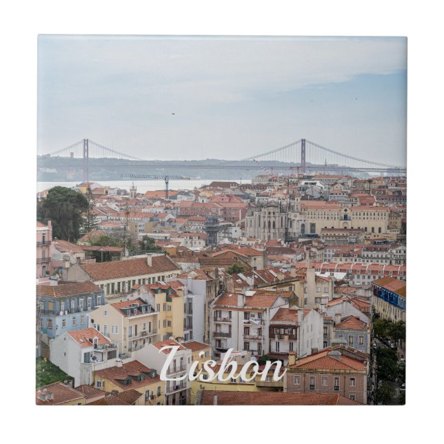 View of Lisbon old town and 25th of April Bridge Tile (Front)