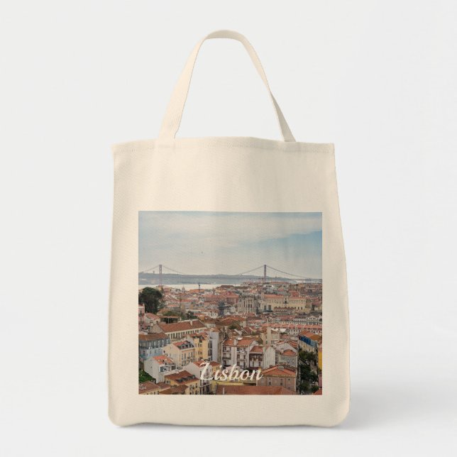 View of Lisbon old town and 25th of April Bridge Tote Bag (Front)