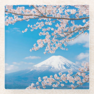 View of Mount Fuji with Cherry Blossoms Glass Coaster