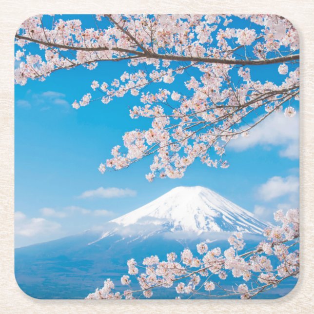 View of Mount Fuji with Cherry Blossoms Square Paper Coaster (Front)