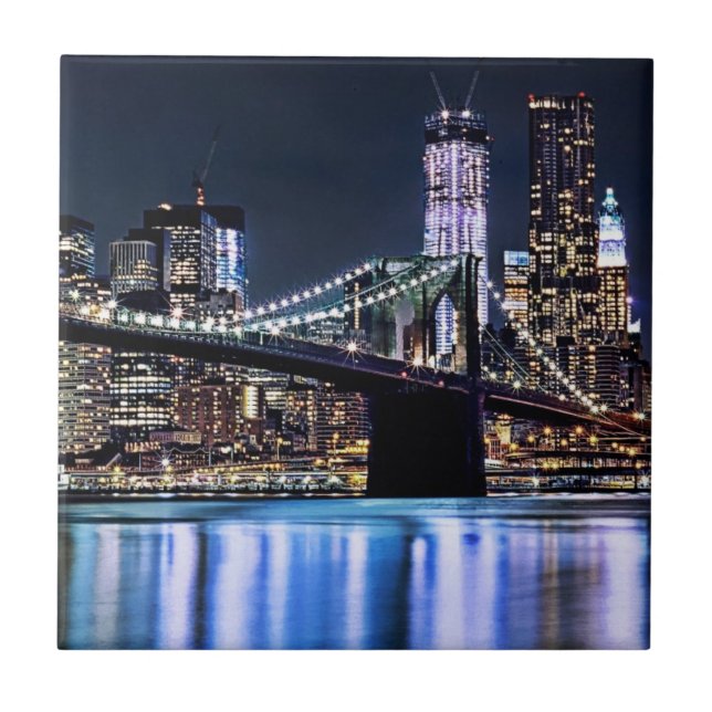 View of New York's Brooklyn bridge reflection Tile (Front)