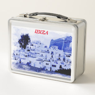 View of old Ibiza on metal lunch box