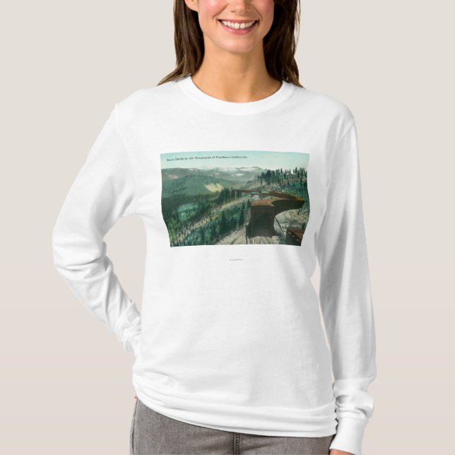 View of Snow Sheds over Train Tracks in Mountain T-Shirt (Front)