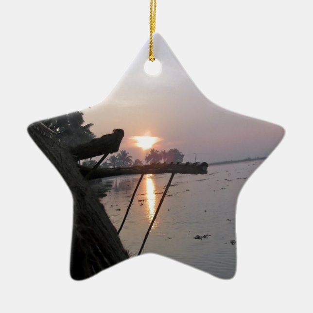 View of sunrise from a houseboat window ceramic tree decoration (Front)