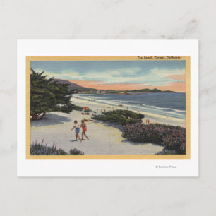 View of the Beach, Sunbathers Walking Postcard