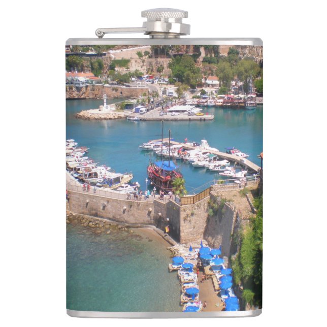 View of the port, beach Mermerly in city Antalya Hip Flask (Front)