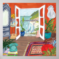 View of the Sea Apartment Interior Watercolor Art 