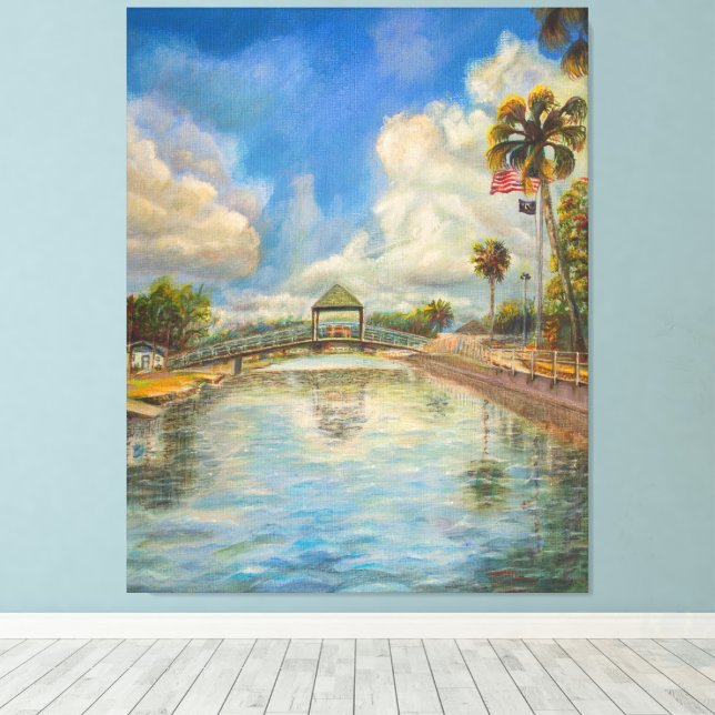 View of the walking bridge from the lake canvas print (Insitu(Wood Floor))