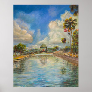 View of the walking bridge from the lake poster