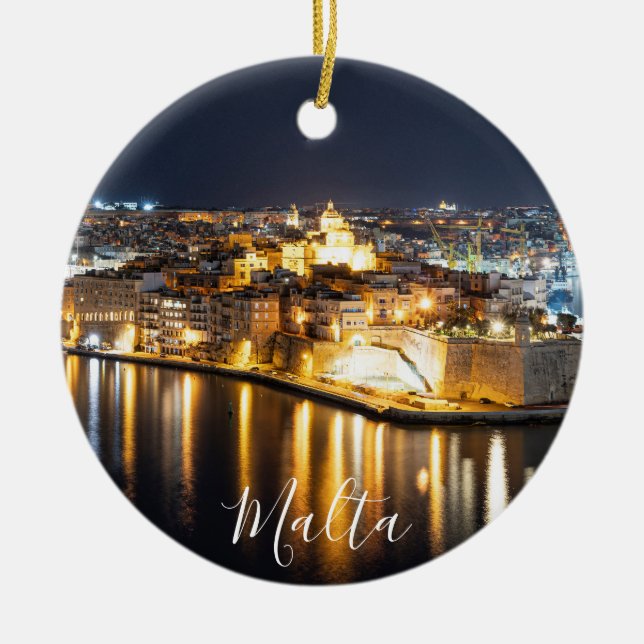 View of Three cities in Malta at night Ceramic Tree Decoration (Front)