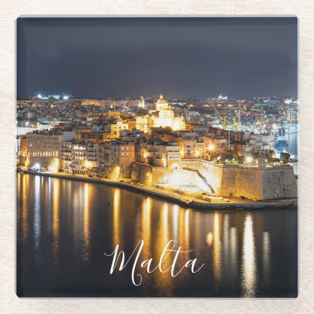View of Three cities in Malta at night Glass Coaster (Front)