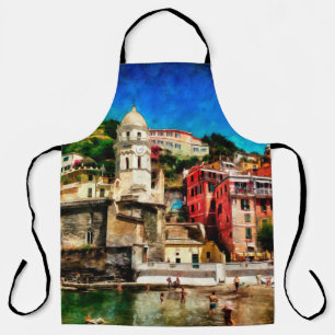 View of Vernazza, Italy. Watercolor painting conte Apron