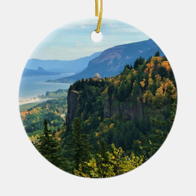 View of Vista House, Columbia River, Oregon Ceramic Tree Decoration (Front)