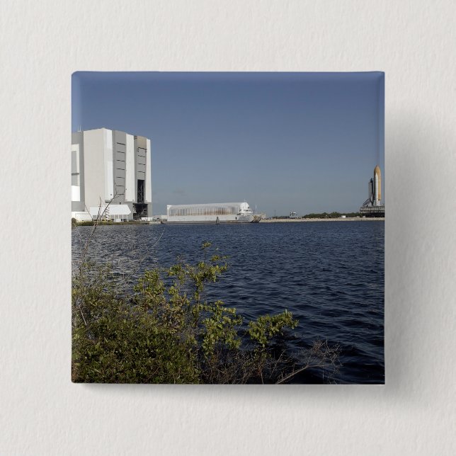 Viewed across the basin, Space Shuttle Atlantis 15 Cm Square Badge (Front)