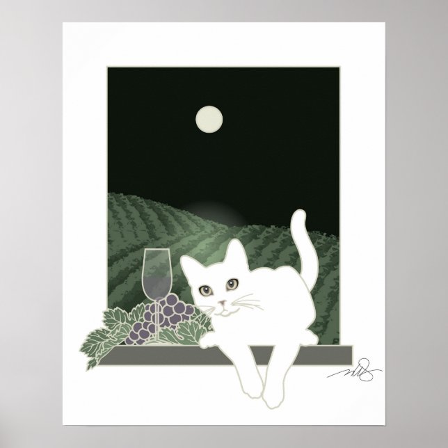 Vigne, Clair de Lune et Chat Blanc Poster (Front)